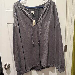 aerie Heather Gray V-Neck Hooded Pullover with Braided Drawstrings